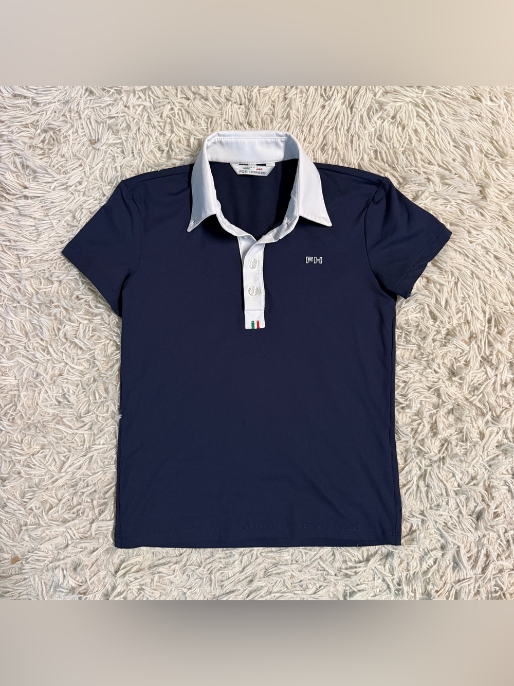 Boy’s Size 10 Navy For Horses Short Sleeve Horseback Riding Show Shirt. Good Con